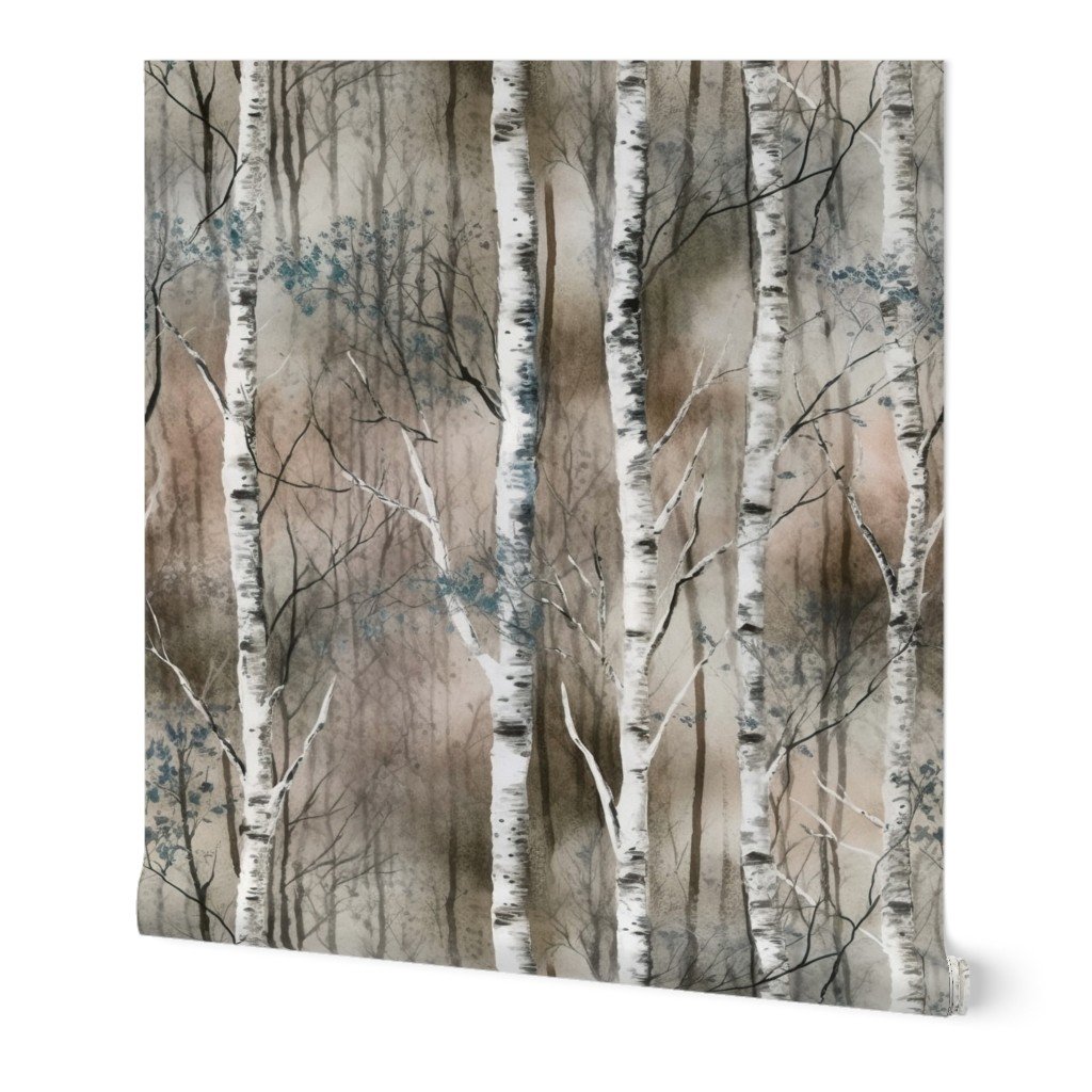 Endless Silver Birch Tree Dreamscape in Misty Taupe and Slate Blue Wallpaper blue wallpaper