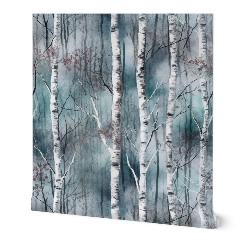 Endless Silver Birch Tree Dreamscape in Misty Teal and Soft Red Wallpaper calming wallpaper