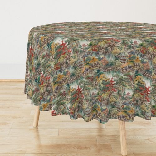 Small Japanese Water Garden Watercolor with Temples Home Styling Collection Design Collection red trees tablecloth design