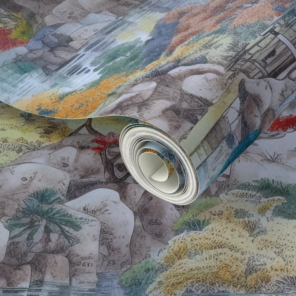 Japanese Autumn Water Garden Watercolor with Temples in Soft Blue and Wallpaper autumn wallpaper