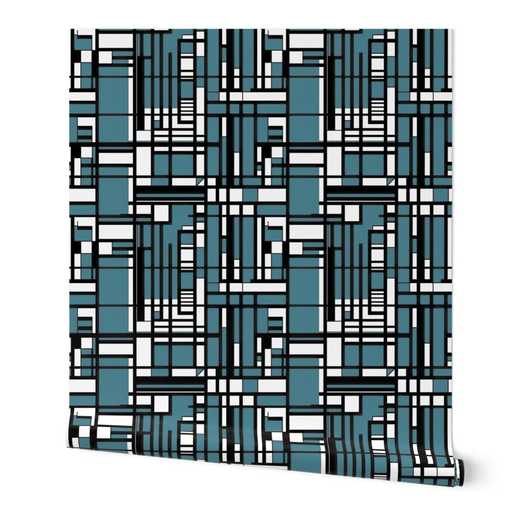 Dusty Teal Modernist City Blocks Geometric Pattern Wallpaper black and white wallpaper