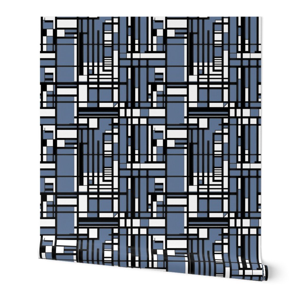 Slate Blue Modernist City Blocks Geometric Pattern Wallpaper black and white wallpaper