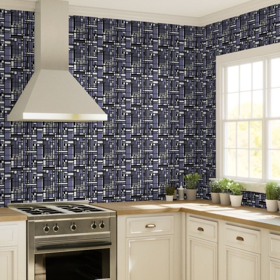 Periwinkle Modernist City Blocks Geometric Pattern Wallpaper black and white wallpaper