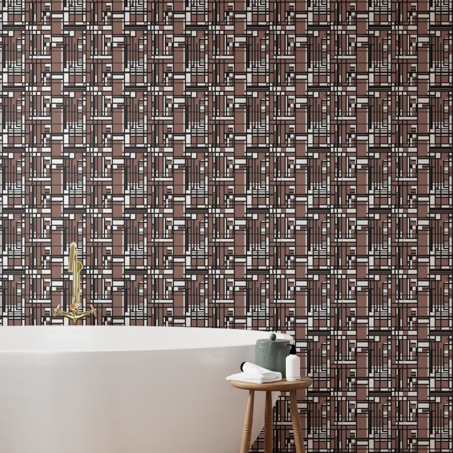 Clay Brown Modernist City Blocks Geometric Pattern Wallpaper black and white wallpaper