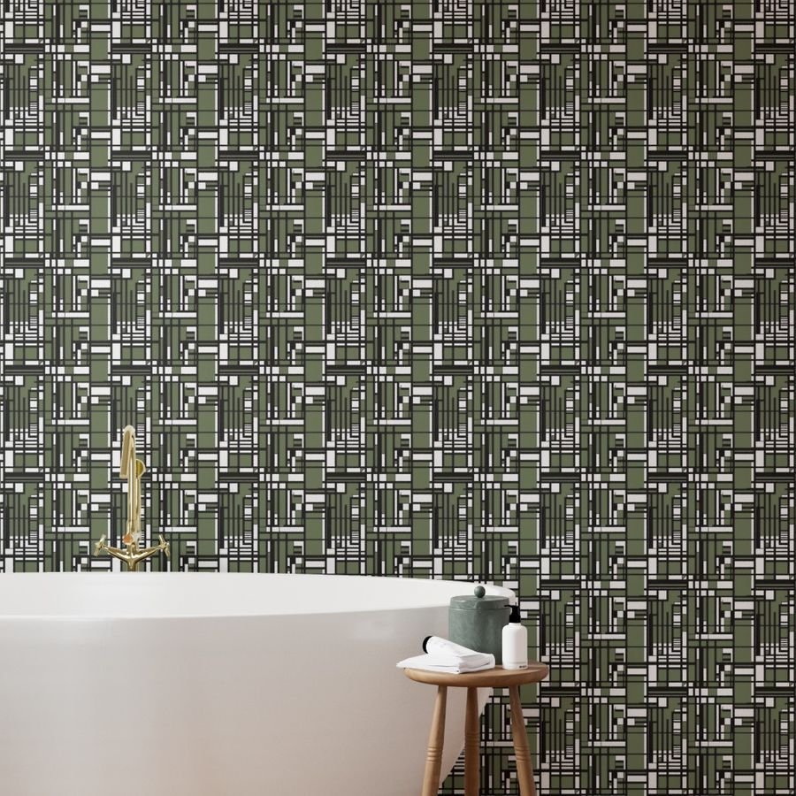 Sage Green Modernist City Blocks Geometric Pattern Wallpaper black and white wallpaper