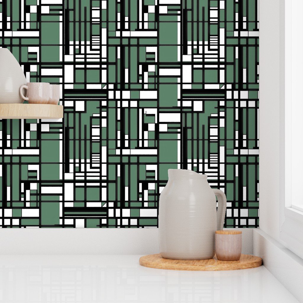 Eucalyptus Green Modernist City Blocks Geometric Pattern Wallpaper black and white wallpaper