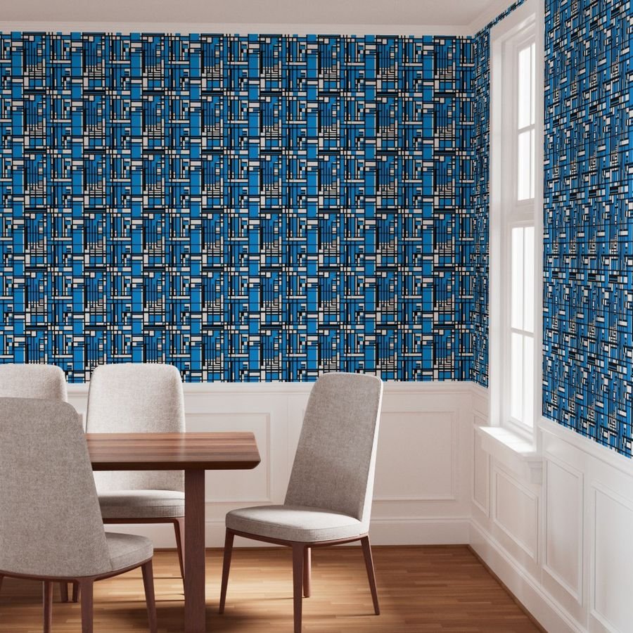 Cyan Blue Modernist City Blocks Geometric Pattern Wallpaper black and white wallpaper