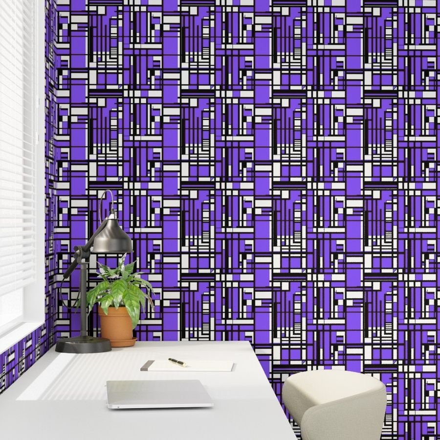 Electric Violet Modernist City Blocks Geometric Pattern Wallpaper black and white wallpaper