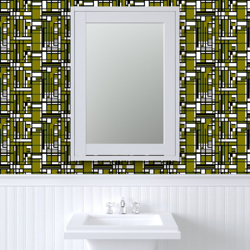 Olive Green Modernist City Blocks Geometric Pattern Wallpaper black and white wallpaper