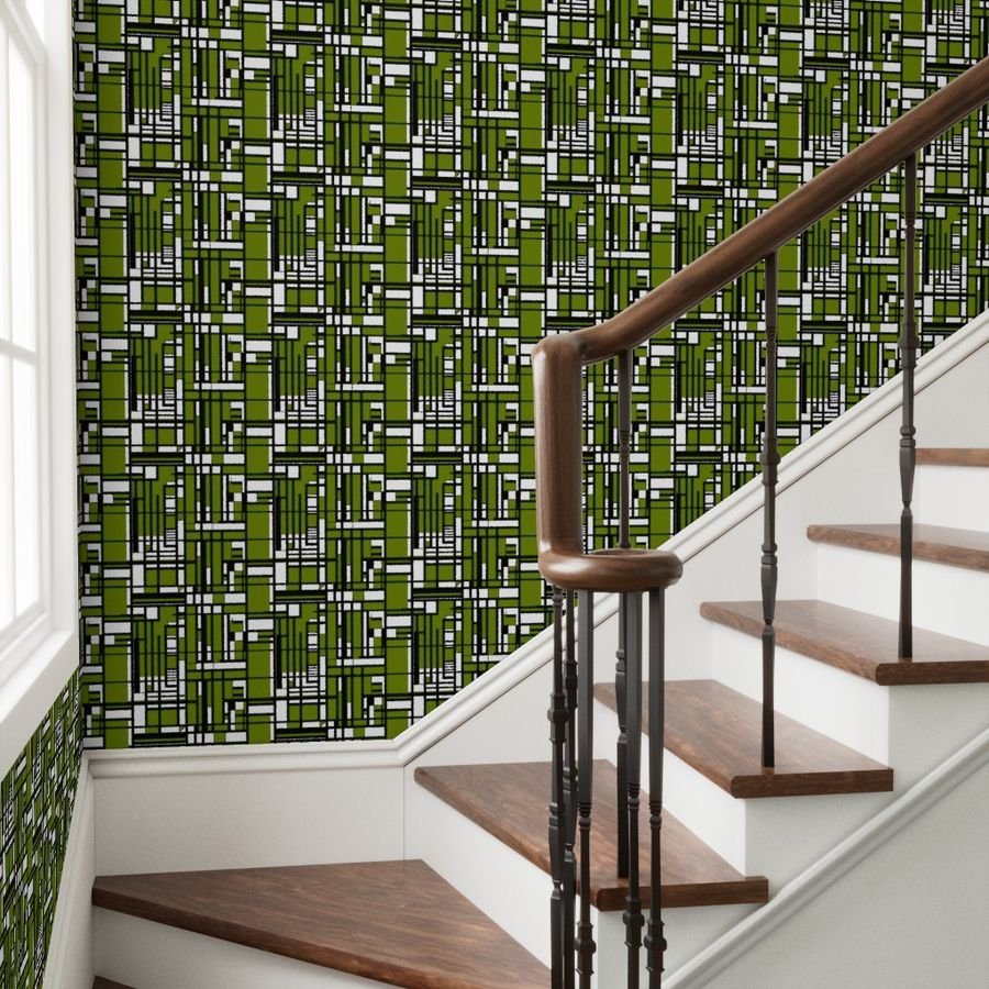 Moss Green Modernist City Blocks Geometric Pattern Wallpaper black and white wallpaper