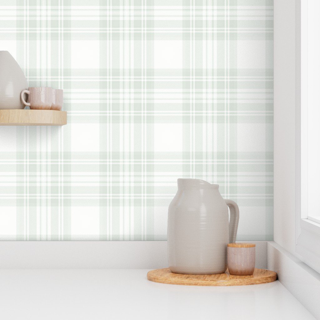 Pale Sage Green Botanical Large Traditional Tartan Plaid Pattern Wallpaper large scale wallpaper