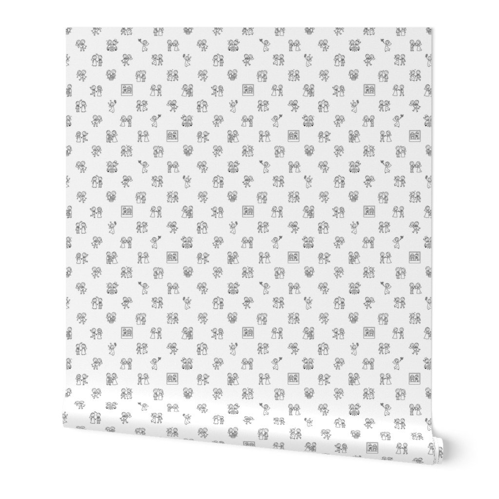 Just Married Fun Stick Figure Wedding Pattern in Black on White Wallpaper bride and groom wallpaper