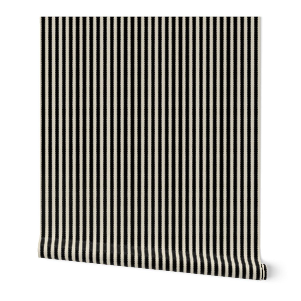 Serrated Squid Ink Black Mini Stripe on Cream Wallpaper black stripe wallpaper