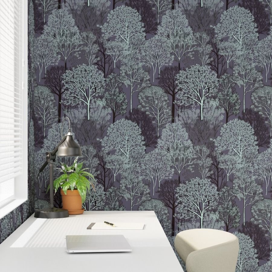 New England Endless Forest Trees in Twilight Blue Winter Wallpaper botanical wallpaper