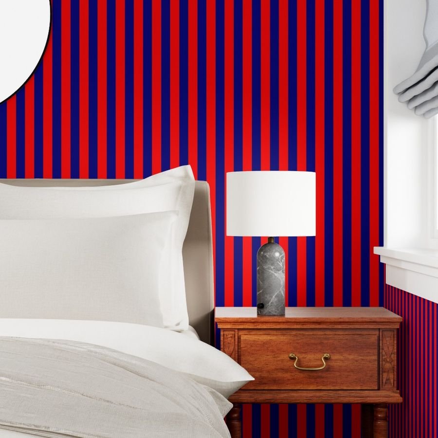 Bold Coastal Classic Red and Navy Blue Cabana Tent Stripe Wallpaper mockup view