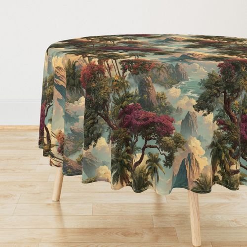 Vintage Hawaiian Watercolor Landscape with Misty Mountains and Palms Decor Collection Home Styling Collection flowers tablecloth design