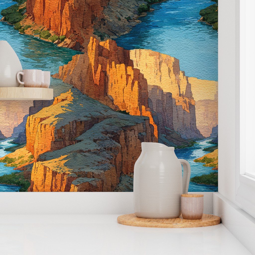 Summer Sun Over the Grand Canyon Watercolor Landscape Wallpaper warm tone wallpaper