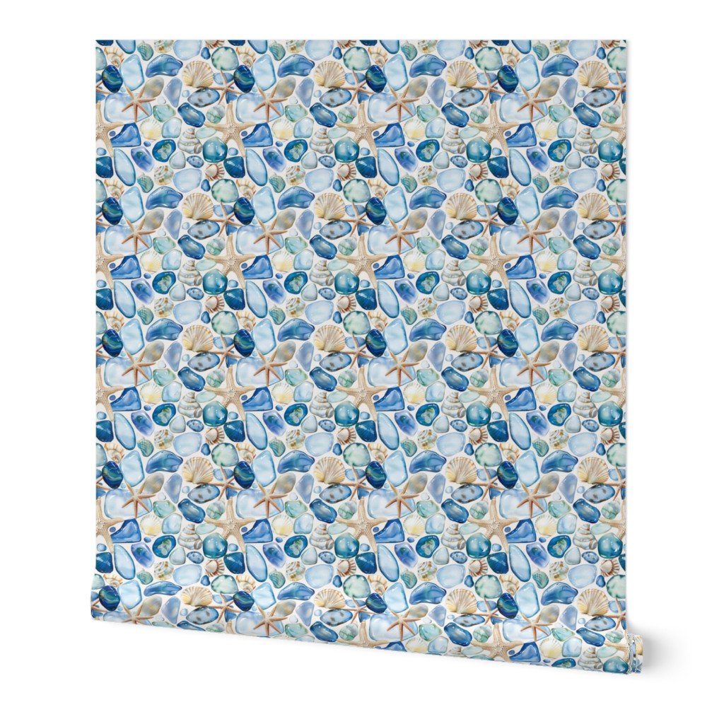 Watercolor Sea Glass Shells and Starfish Coastal Pattern in Ocean Wallpaper sea glass wallpaper