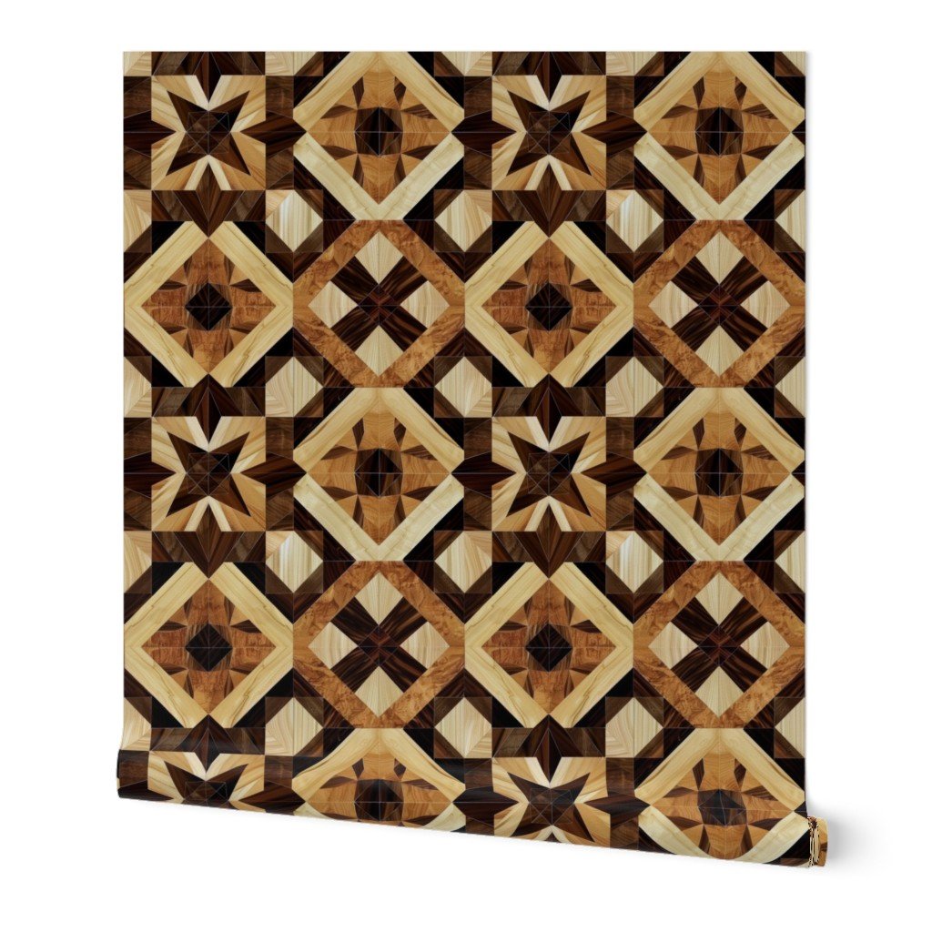 Geometric Marquetry Wood Inlay Pattern in Rich Dark Wood Tones Wallpaper wood inlay wallpaper