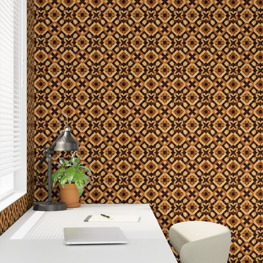 Small Geometric Marquetry Wood Inlay Pattern in Warm Natural Tones Wallpaper wood inlay wallpaper
