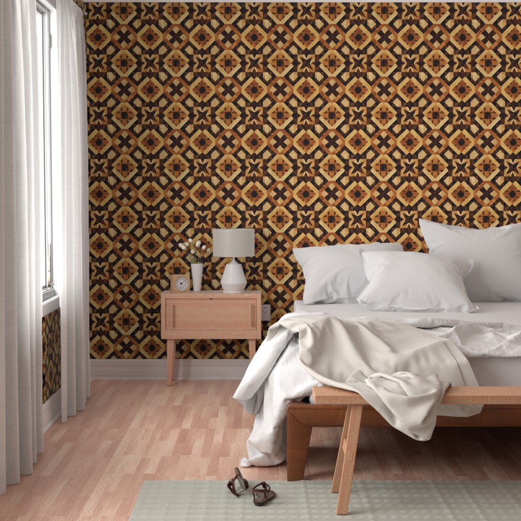 Geometric Marquetry Wood Inlay Pattern in Warm Natural Tones Wallpaper wood inlay wallpaper
