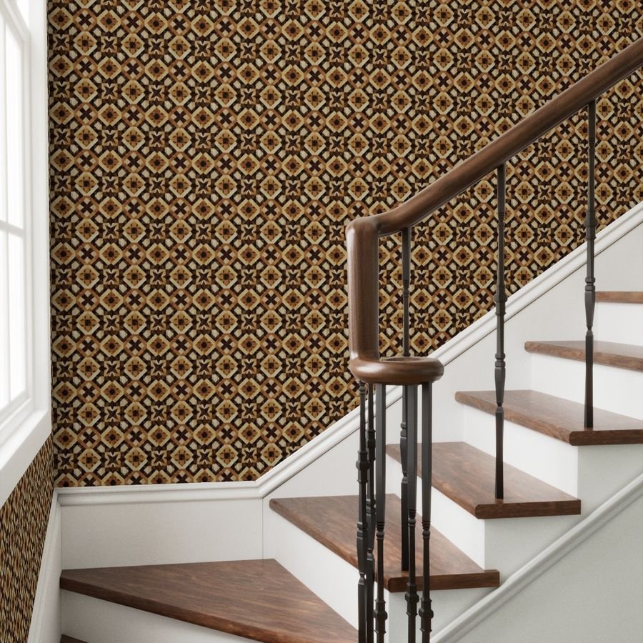 Small Geometric Marquetry Wood Inlay Pattern in Rich Dark Wood Tones Wallpaper wood inlay wallpaper