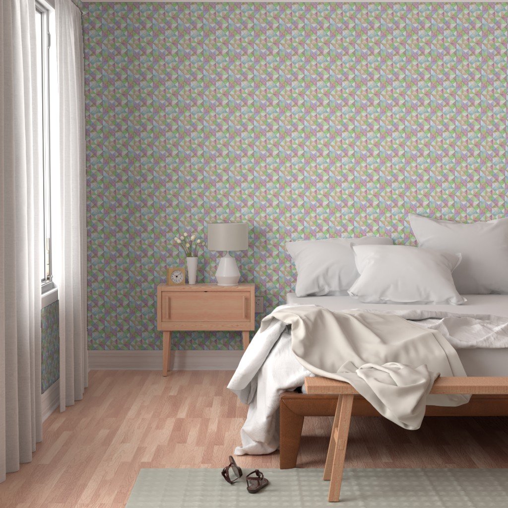 Soft Watercolor Quilted Patchwork Triangles in Spring Green and Wallpaper fabric design wallpaper