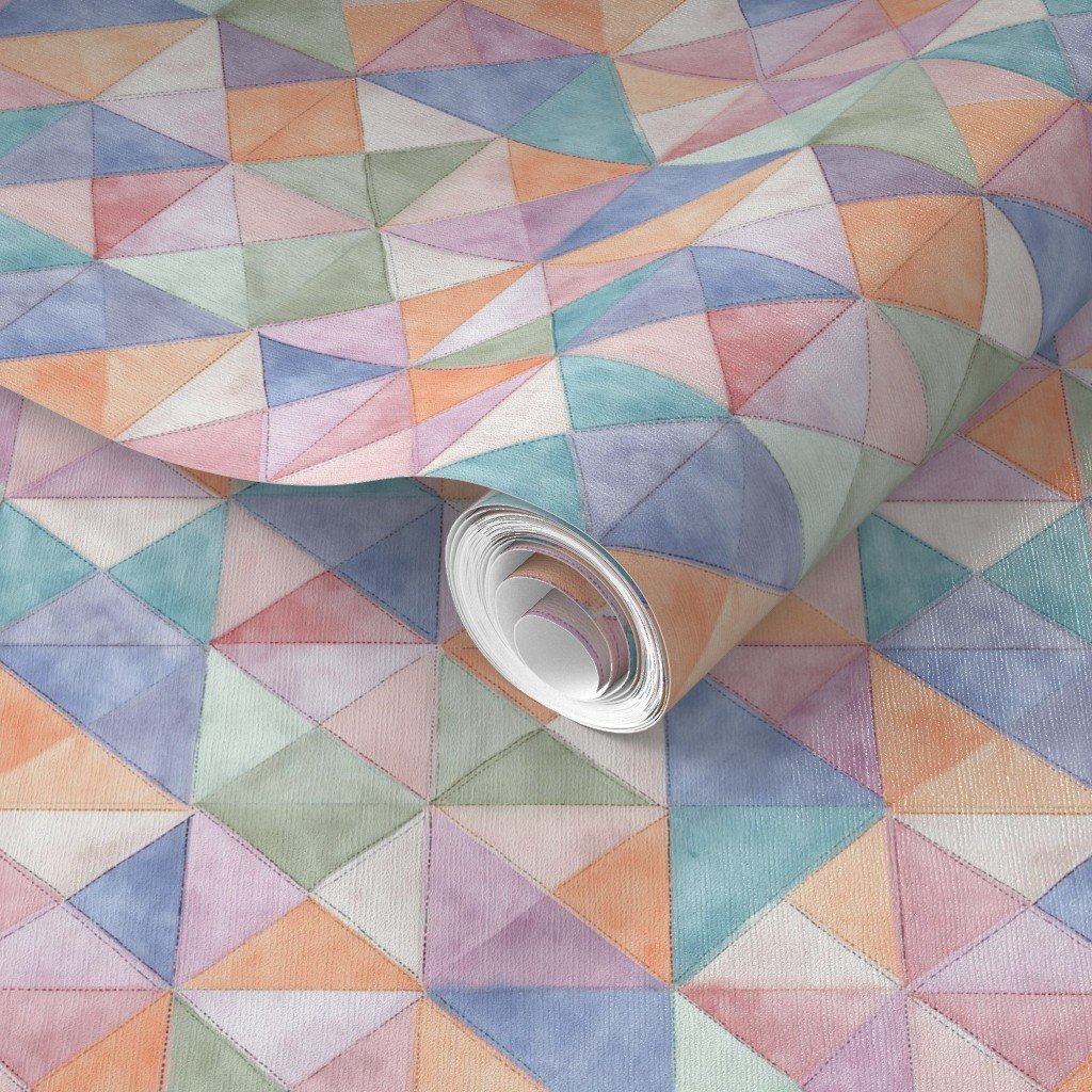 Soft Watercolor Quilted Patchwork Triangles in Peach Lavender and Wallpaper fabric design wallpaper