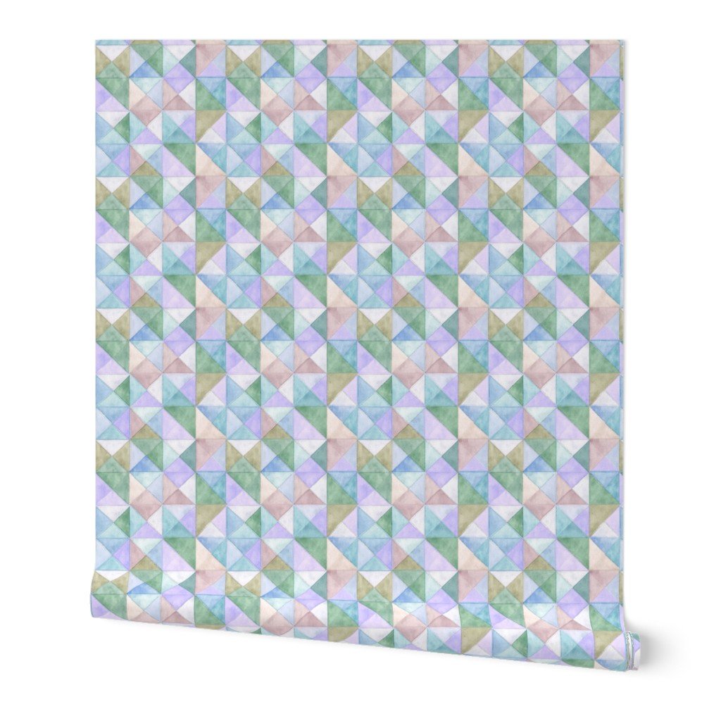 Soft Watercolor Quilted Patchwork Triangles in Mint Sage and Wallpaper fabric design wallpaper