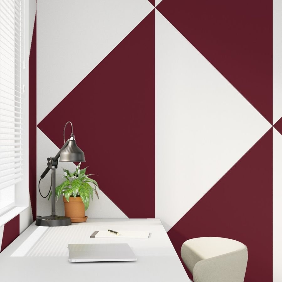 Bold Deep Burgundy and White Oversized Geometric Diamond Wallpaper mockup view