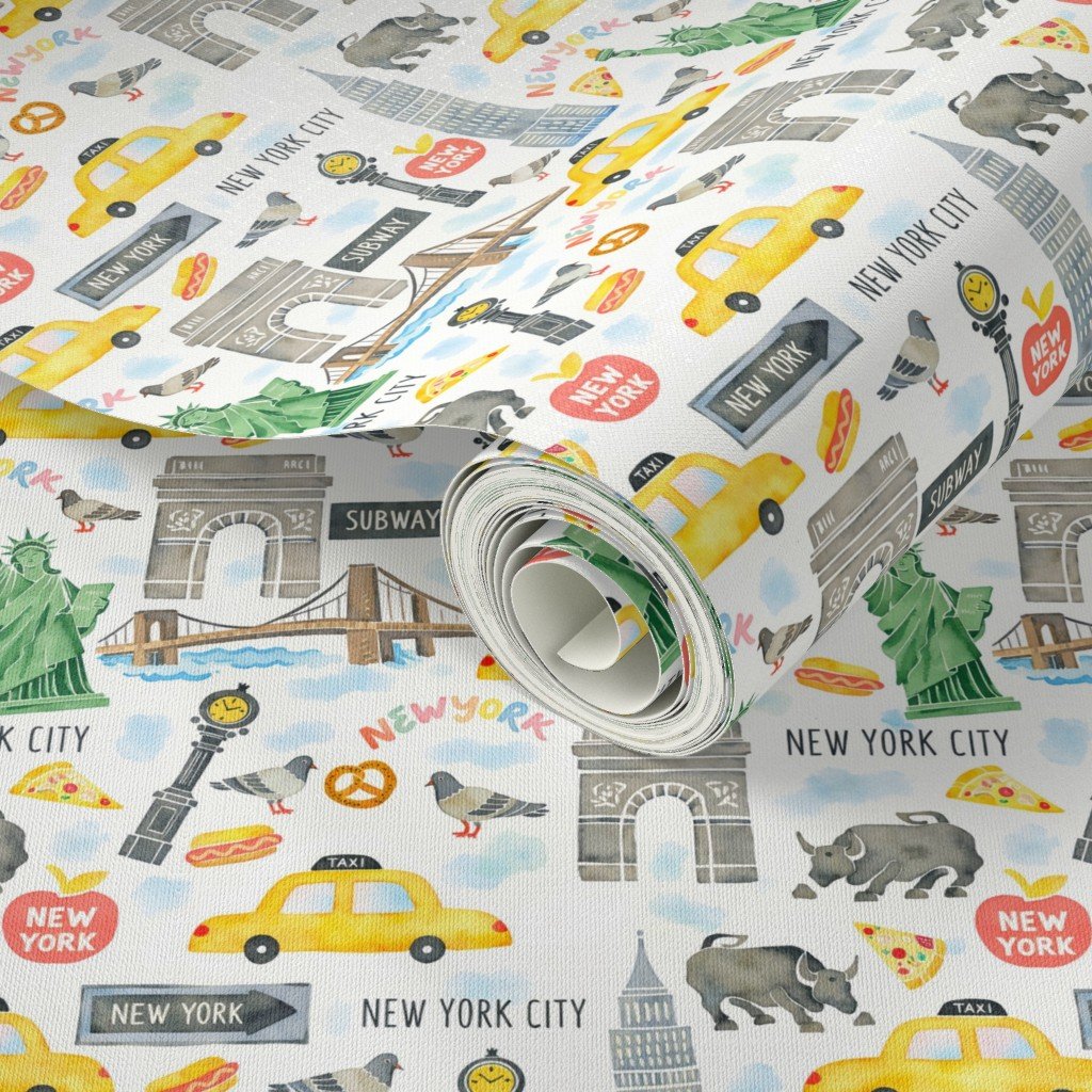 New York City Watercolor Motifs with Empire State and Statue of Wallpaper hand drawn wallpaper