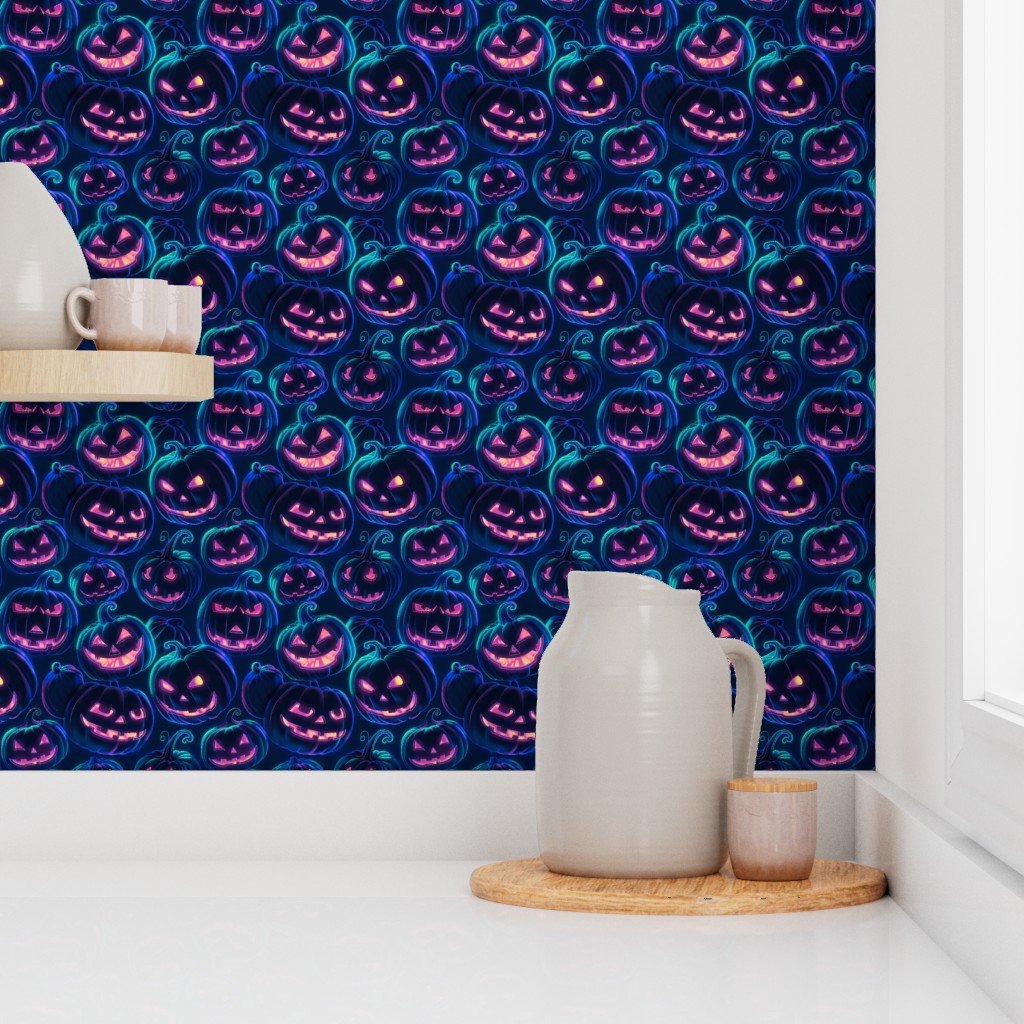 Small Neon Blue Halloween Pumpkins Glowing in the Dark Wallpaper fall decor wallpaper