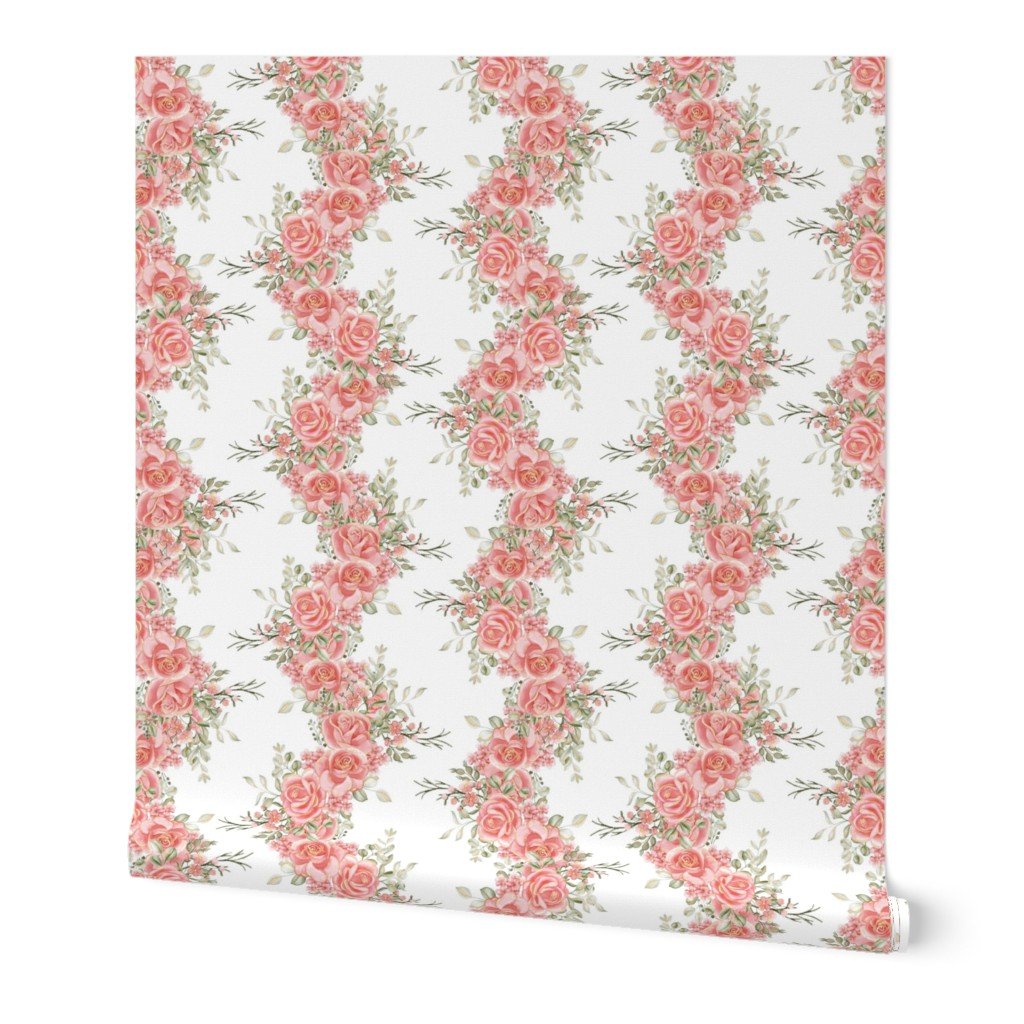 Vintage English Garden Watercolor Coral Pink Rose Stripe Pattern on Wh Wallpaper coral wallpaper