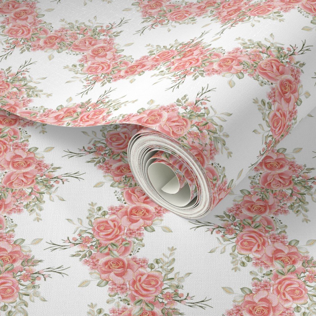 Vintage English Garden Small Coral Pink Rose Stripe Pattern on White Wallpaper bridal wallpaper