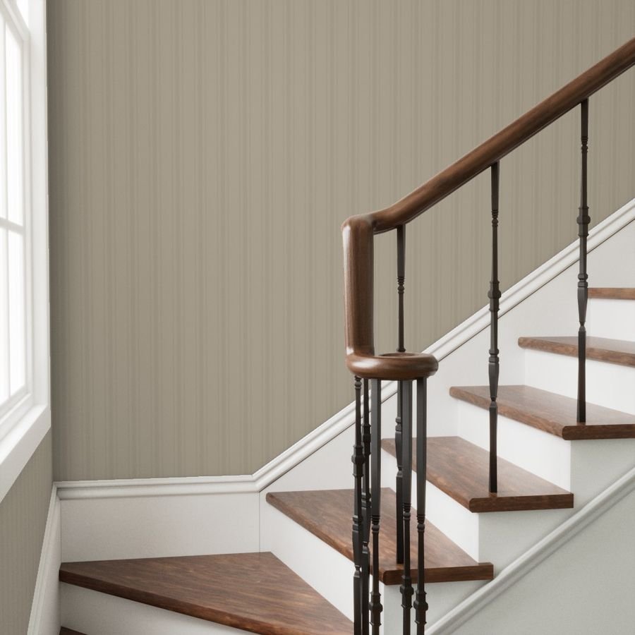Tonal Mushroom Tailored Ticking Stripe Cottage Farmhouse Wide Stripe Wallpaper interior style wallpaper