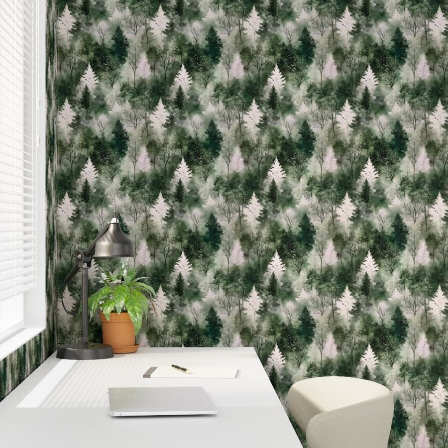 Small Endless Winter Tree Dreamscape Trees in Deep Green Misty Forest W Wallpaper earth tone wallpaper