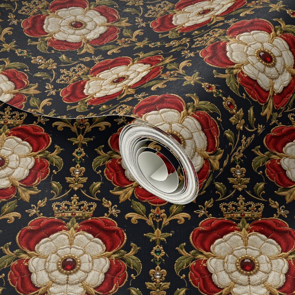 Royal Tudor Rose Crown Damask on Midnight Black Wallpaper crowns wallpaper