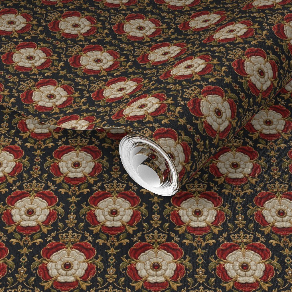 Small Royal Tudor Rose Crown Damask on Midnight Black Wallpaper small scale wallpaper