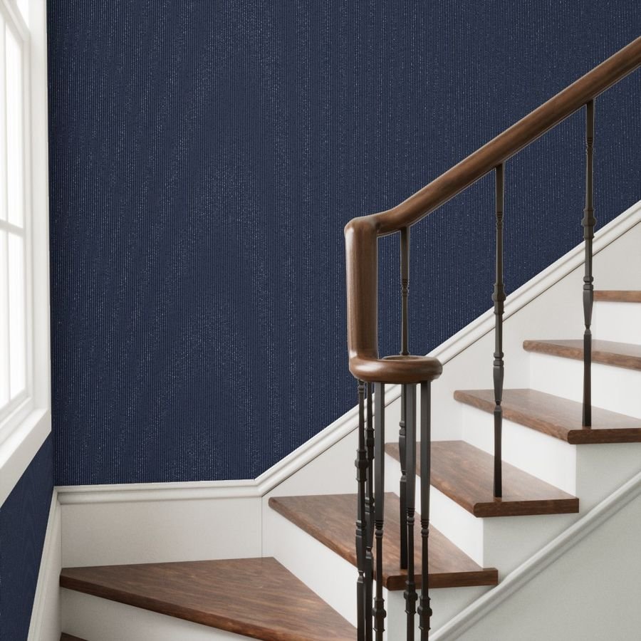 Classic White Pinstripe on Navy Blue Office Stripe Pattern Wallpaper blue and white wallpaper