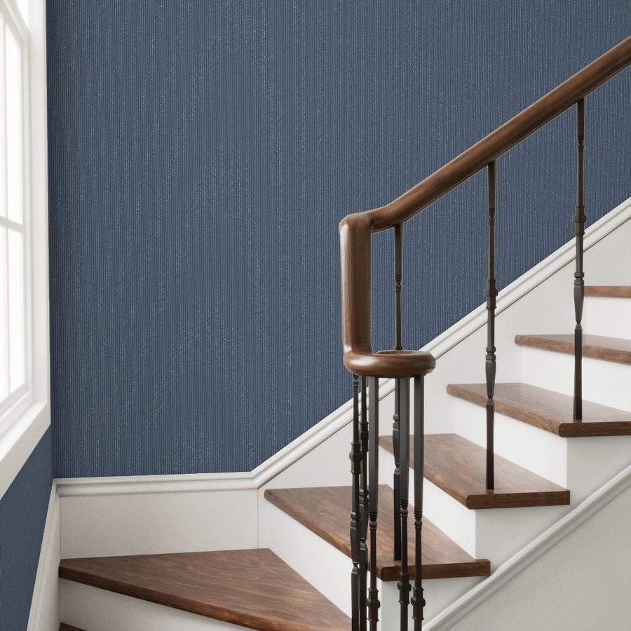 Classic White Pinstripe on Slate Blue Office Stripe Pattern Wallpaper blue and white wallpaper