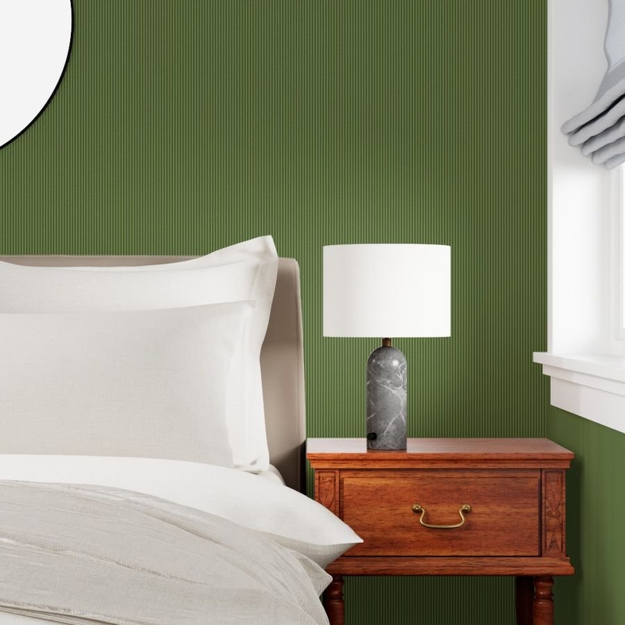 Classic White Pinstripe on Olive Green Office Stripe Pattern Wallpaper green and white wallpaper