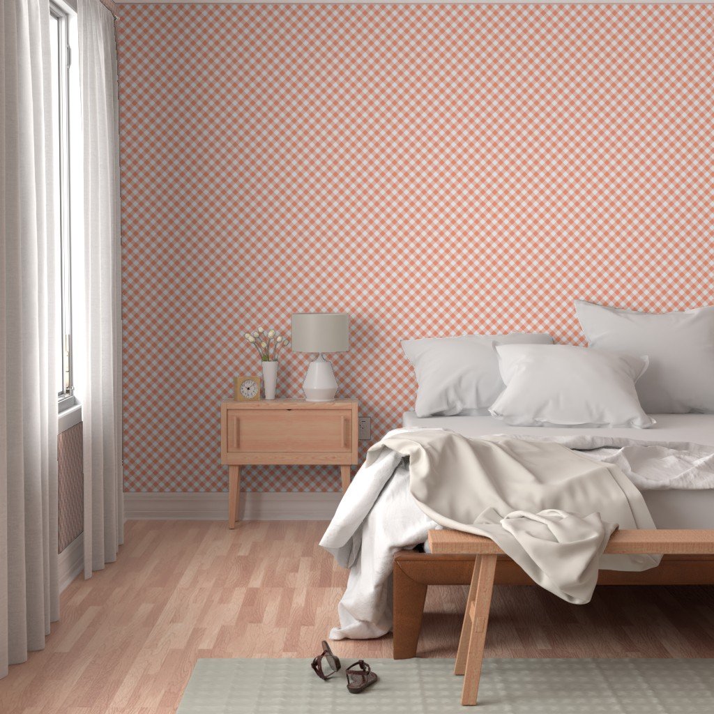 Coral Pink Gingham Check Plaid Wallpaper coral wallpaper