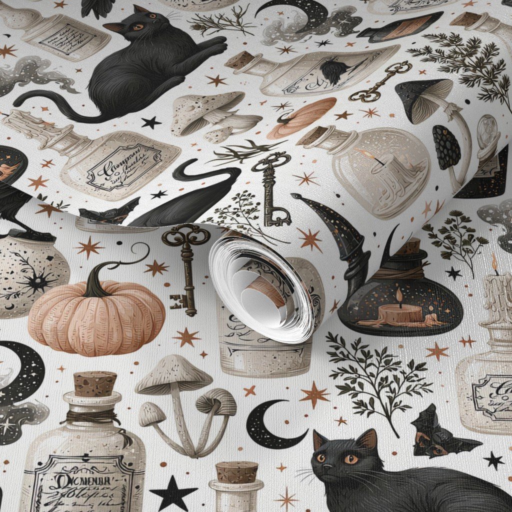 Vintage Halloween Apothecary Bottles with Black Cats Pumpkins and Wallpaper crescent moon wallpaper