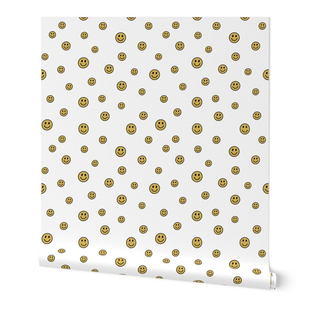 Retro Yellow Smiley Faces on White Wallpaper smiley pattern wallpaper