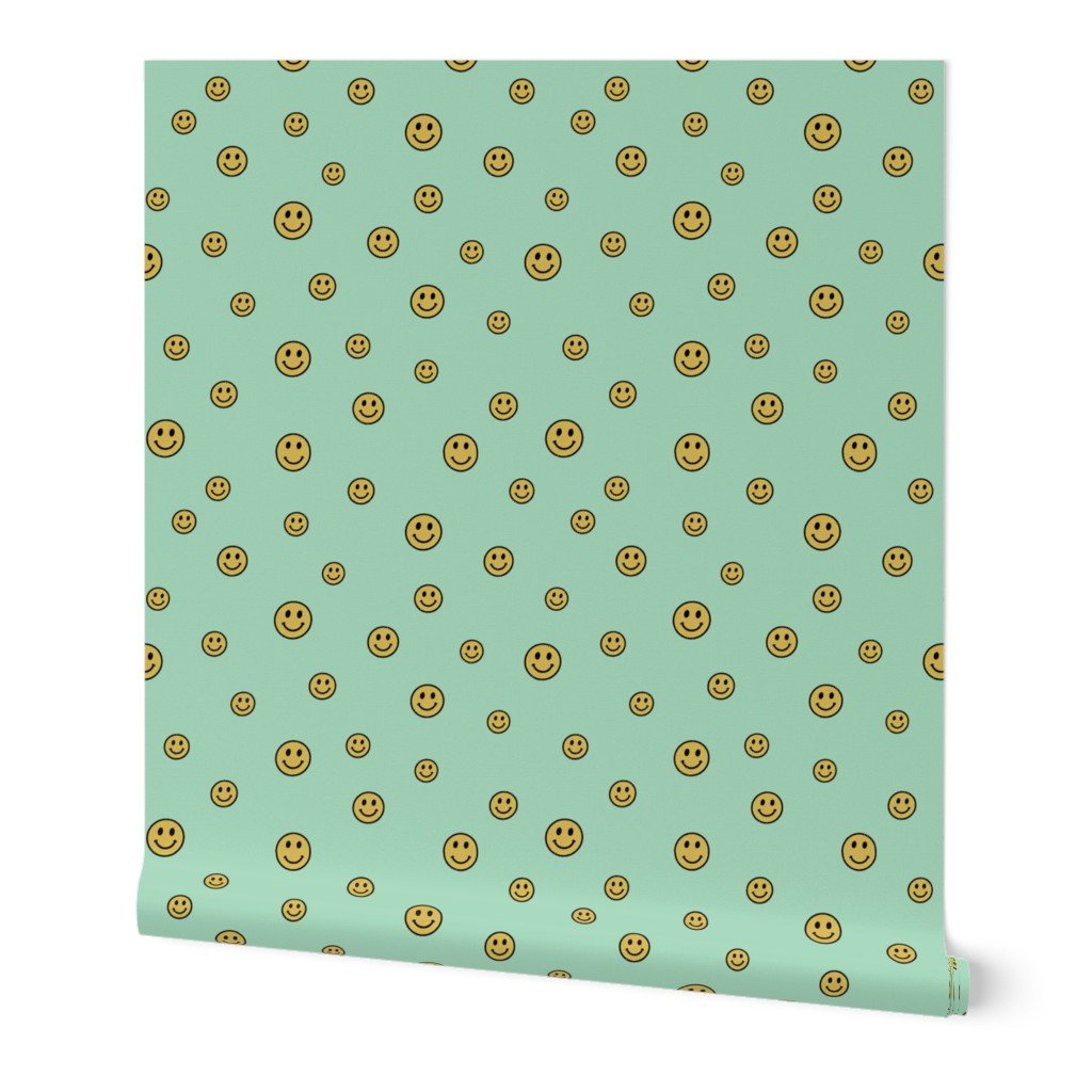 Retro Yellow Smiley Faces on Mint Green Wallpaper smiley pattern wallpaper