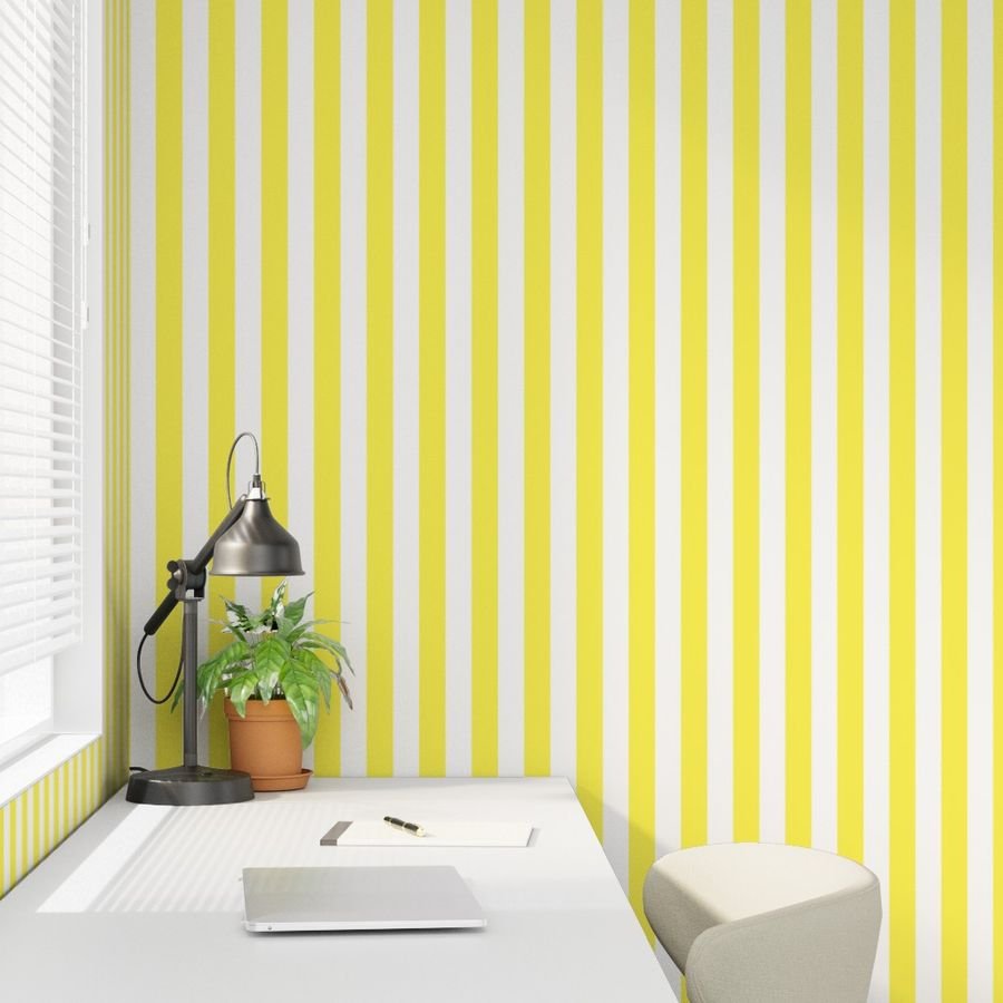 Lemon Yellow 2 inch Wide Cabana Stripes Wallpaper lemon stripe wallpaper