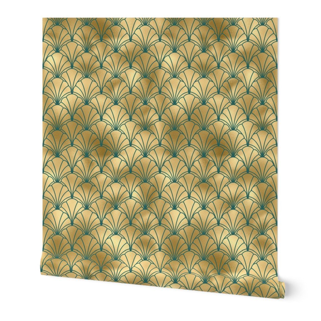 Teal and Faux Gold Foil Vintage Art Deco Scallop Shell Pattern Home Decor Collection Design Collection gold fan wallpaper