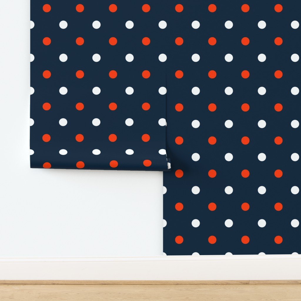 White and Orange Polka Dots on Navy Wallpaper design