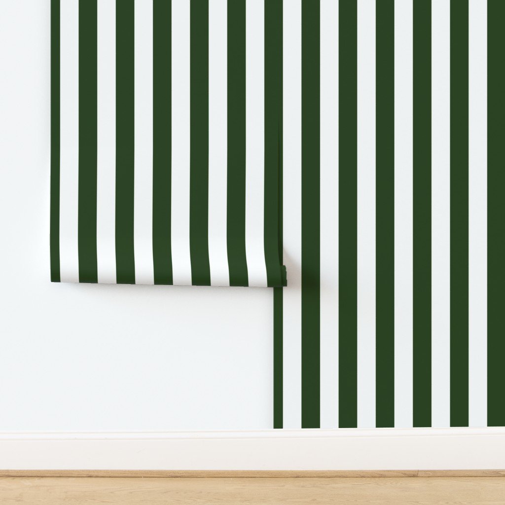 Forest Green and White Wide 2-inch Cabana Tent Vertical Stripes Wallpaper design