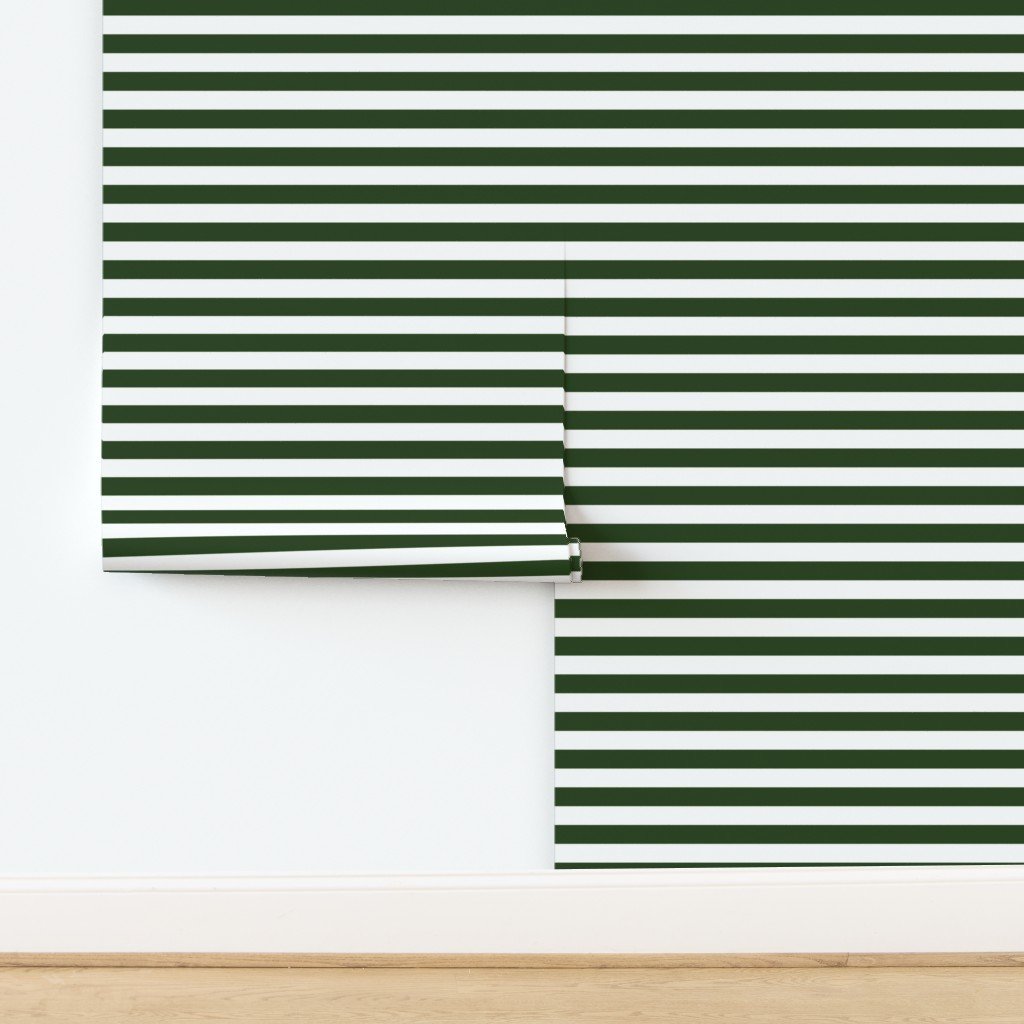 Forest Green and White Big 1-inch Beach Hut Horizontal Stripes Wallpaper design